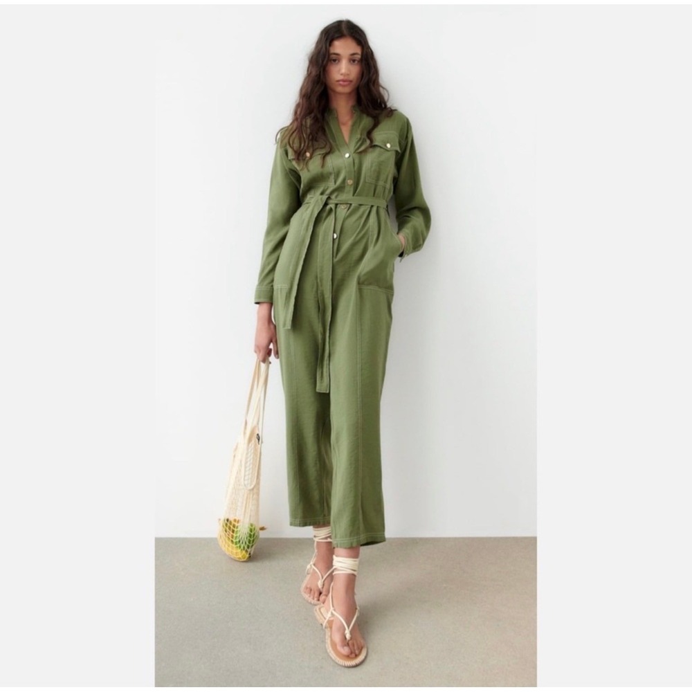 Zara Olive Green Utility Jumpsuit Long Sleeve Belted Contrast Stitch Women's XS